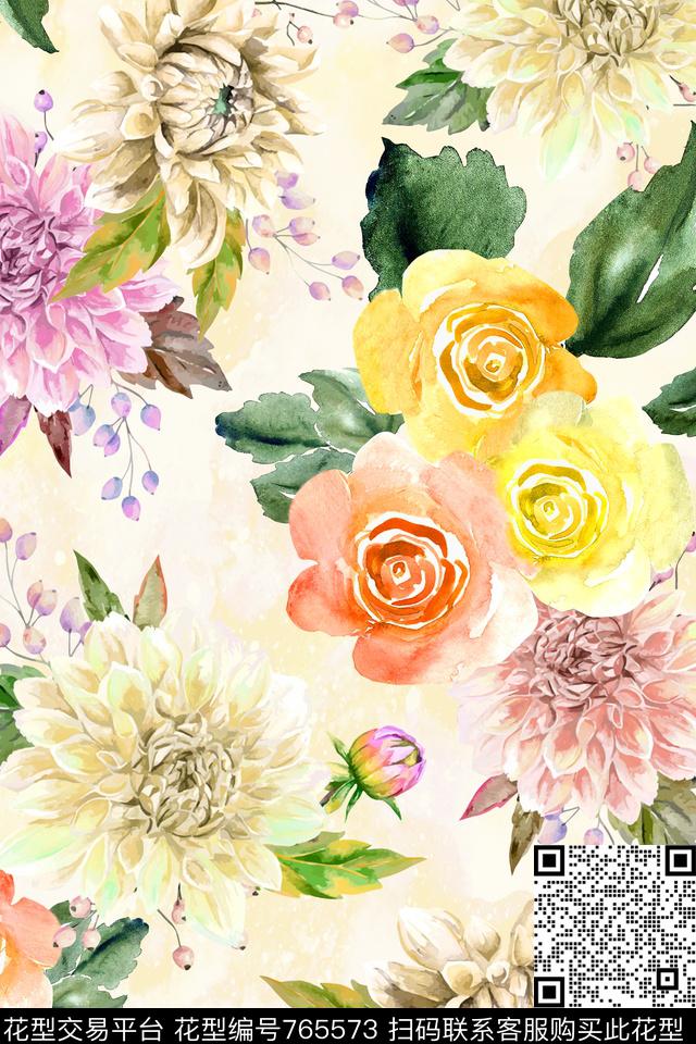 水彩花卉玫瑰数码印花华亿平台下载（图片编号: 765573） - 瓦栏（Walan）