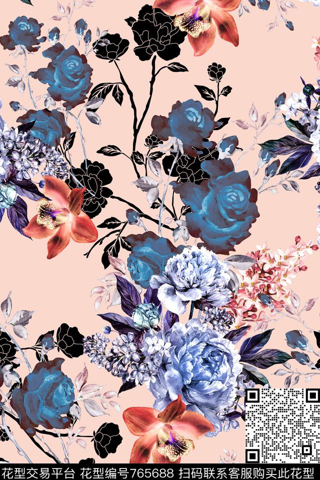 素雅复古花卉数码印花华亿平台下载（图片编号: 765688） - 瓦栏（Walan）