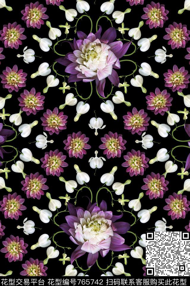暗黑花卉真花数码印花华亿平台下载（图片编号: 765742） - 瓦栏（Walan）