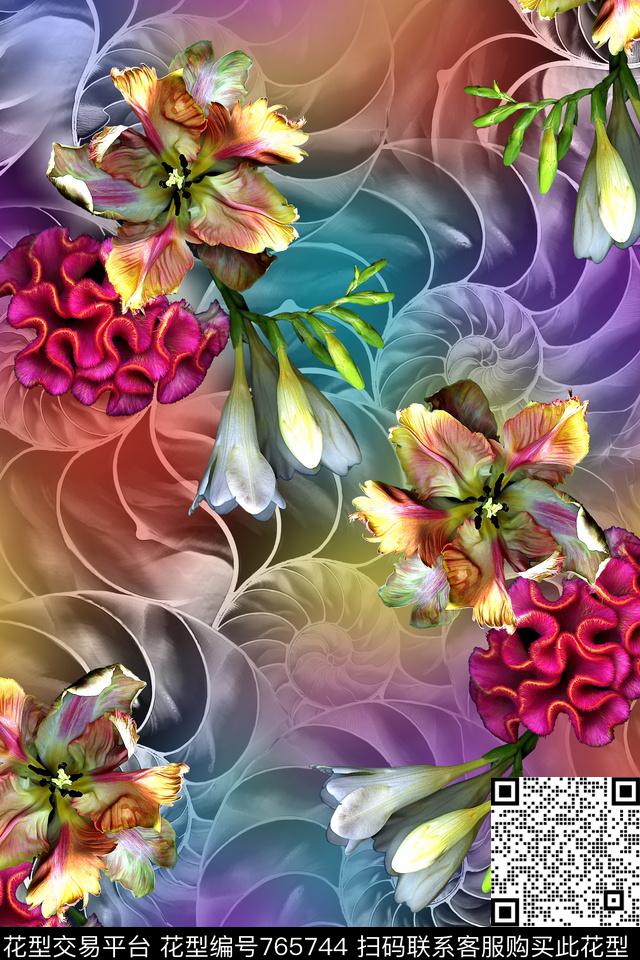 时尚炫彩手绘数码印花华亿平台下载（图片编号: 765744） - 瓦栏（Walan）