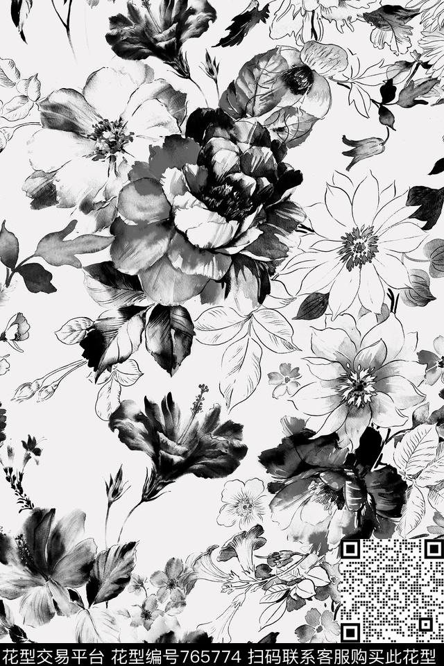 黑白花卉素描传统印花华亿平台下载（图片编号: 765774） - 瓦栏（Walan）