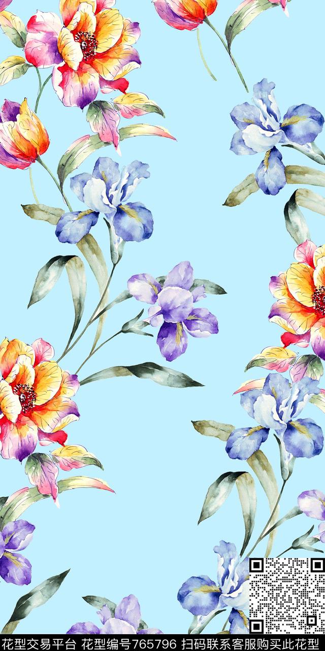 清新花卉手绘花牡丹数码印花华亿平台下载（图片编号: 765796） - 瓦栏（Walan）