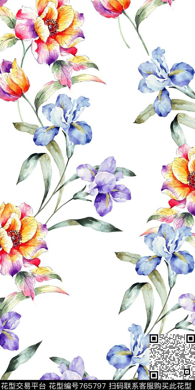 清新花卉手绘花牡丹数码印花华亿平台下载（图片编号: 765797） - 瓦栏（Walan）