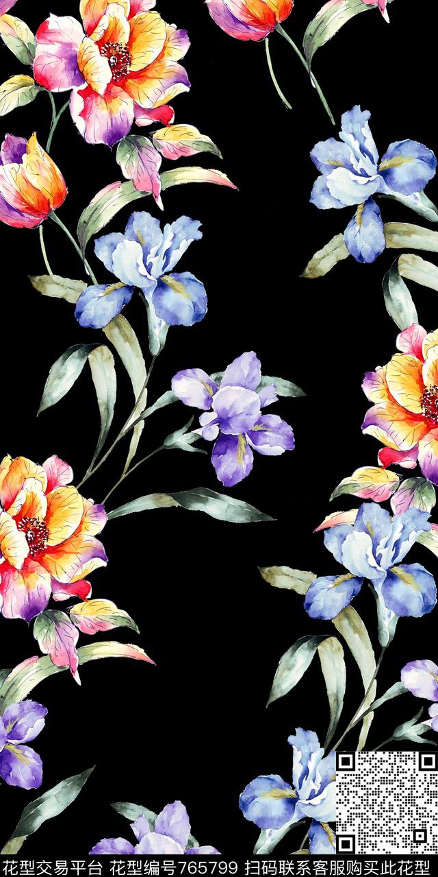 清新花卉手绘花牡丹数码印花华亿平台下载（图片编号: 765799） - 瓦栏（Walan）