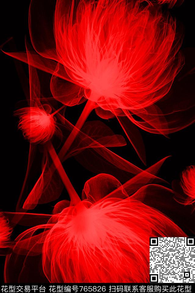 血红花卉透明花数码印花华亿平台下载（图片编号: 765826） - 瓦栏（Walan）