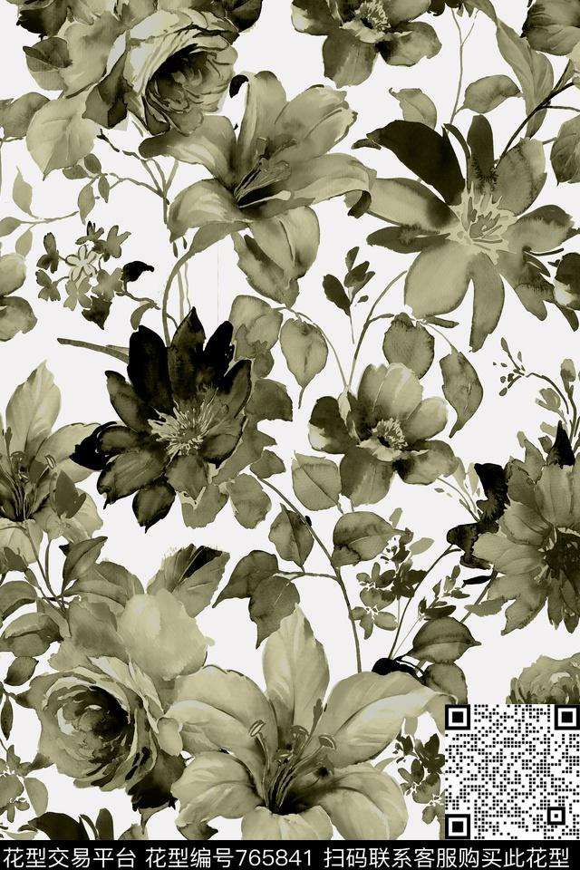 花卉水彩单色传统印花华亿平台下载（图片编号: 765841） - 瓦栏（Walan）