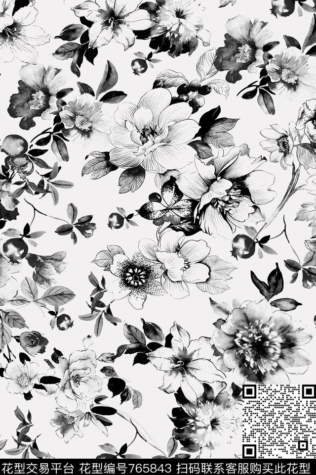 花卉黑白速写传统印花华亿平台下载（图片编号: 765843） - 瓦栏（Walan）