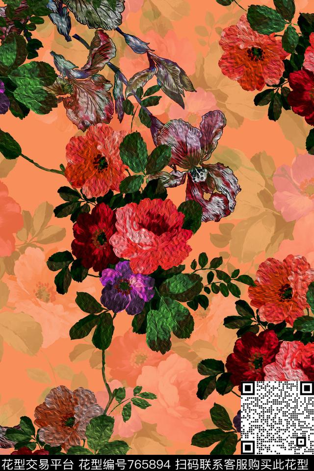 大花花卉花朵数码印花华亿平台下载（图片编号: 765894） - 瓦栏（Walan）