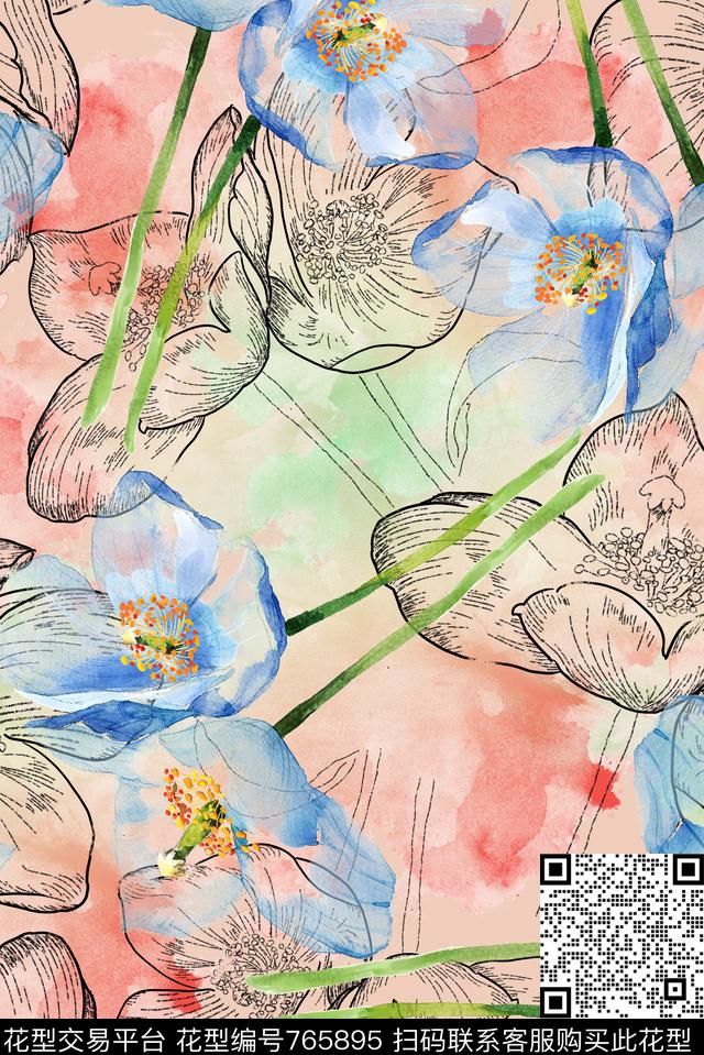 大花花卉花朵数码印花华亿平台下载（图片编号: 765895） - 瓦栏（Walan）