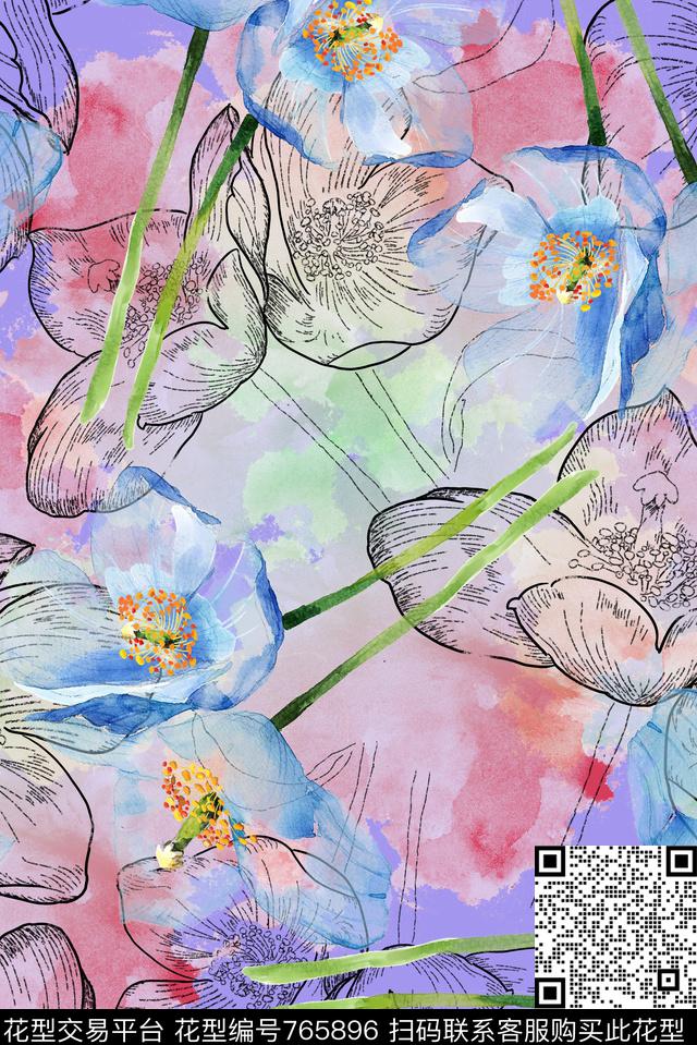 大花花卉花朵数码印花华亿平台下载（图片编号: 765896） - 瓦栏（Walan）