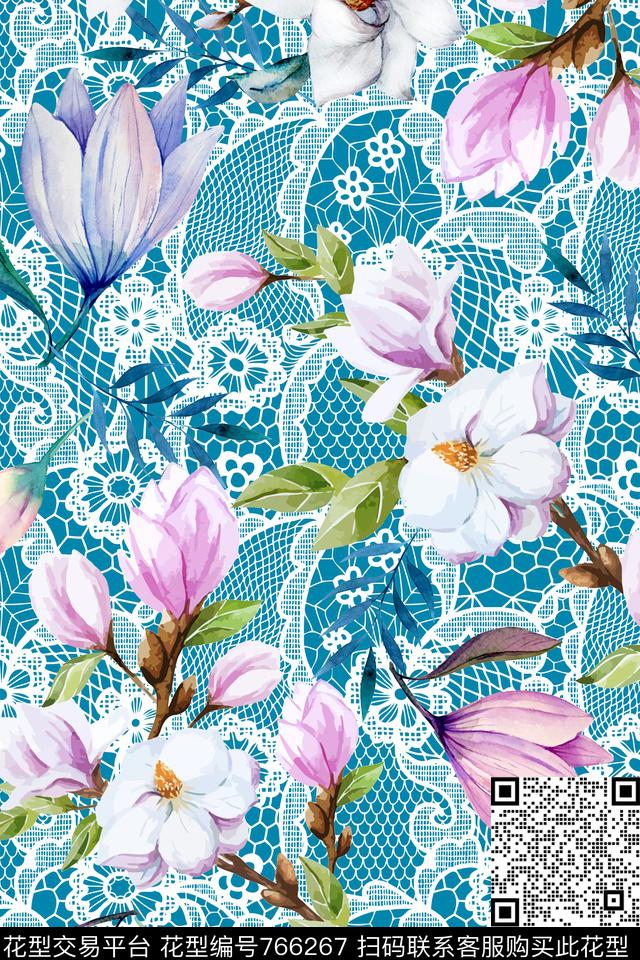 花卉玉兰蕾丝数码印花华亿平台下载（图片编号: 766267） - 瓦栏（Walan）