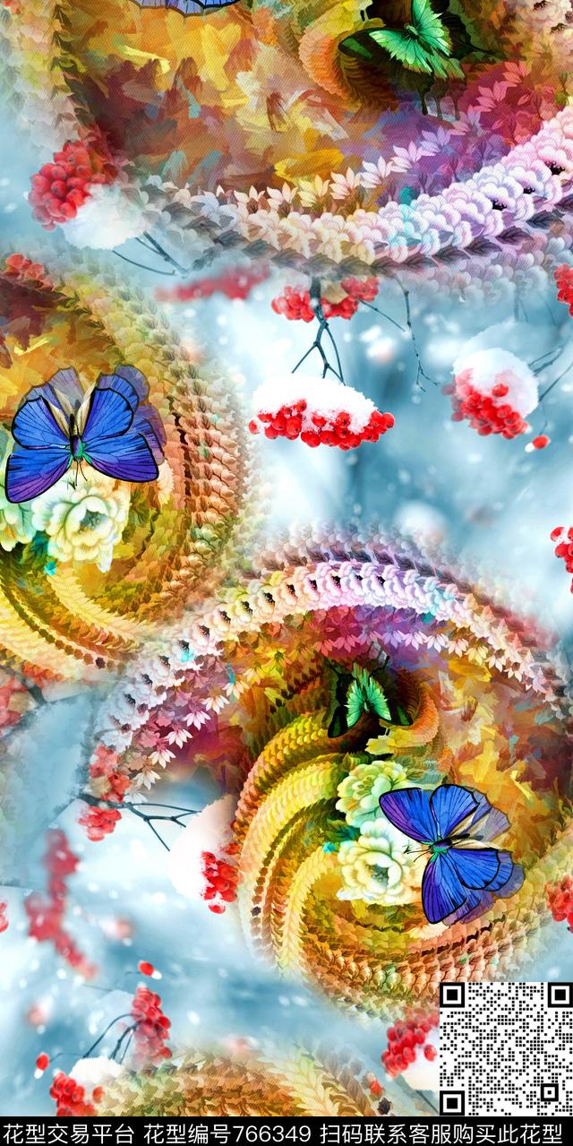 果实蝴蝶抽象数码印花华亿平台下载（图片编号: 766349） - 瓦栏（Walan）