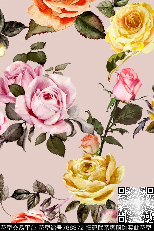 花卉玫瑰水彩数码印花华亿平台下载（图片编号: 766372） - 瓦栏（Walan）