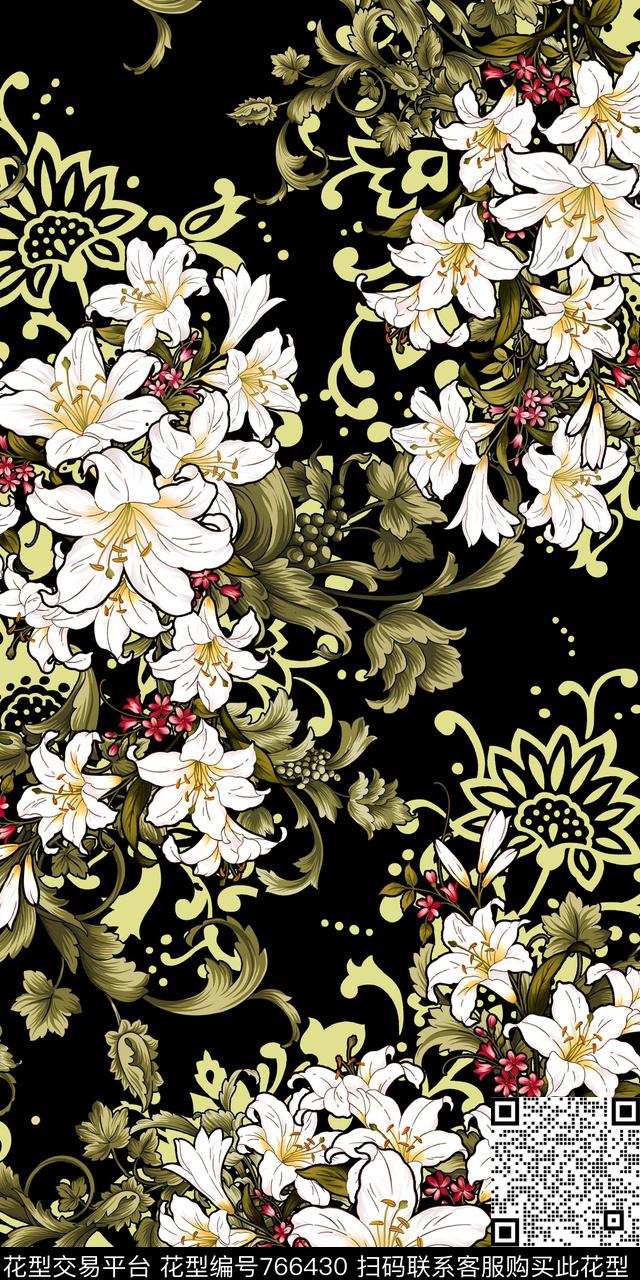 百合花卉手绘水彩传统印花华亿平台下载（图片编号: 766430） - 瓦栏（Walan）