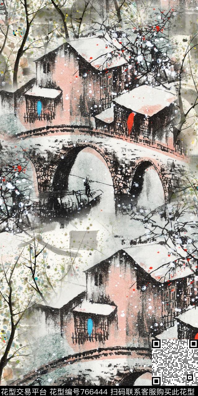 风景房屋手绘数码印花华亿平台下载（图片编号: 766444） - 瓦栏（Walan）