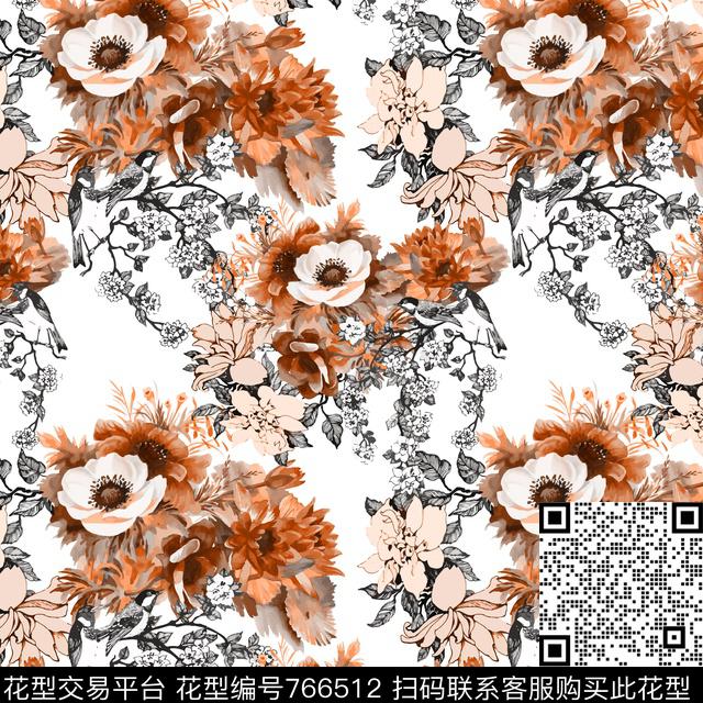 水彩花鸟花朵数码印花华亿平台下载（图片编号: 766512） - 瓦栏（Walan）
