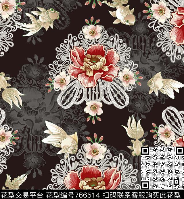 宫廷大花复古唯美传统印花华亿平台下载（图片编号: 766514） - 瓦栏（Walan）