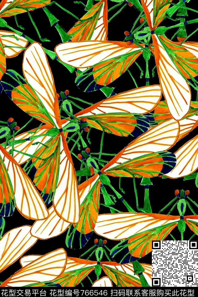 昆虫手绘蜻蜓传统印花华亿平台下载（图片编号: 766546） - 瓦栏（Walan）