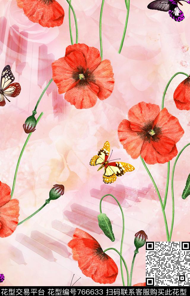 几何花卉蝴蝶数码印花华亿平台下载（图片编号: 766633） - 瓦栏（Walan）
