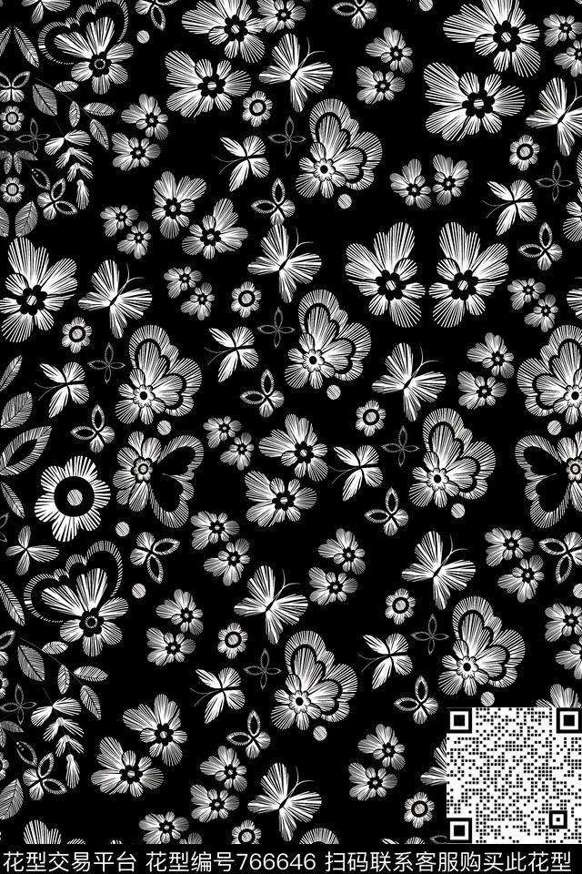 黑白花手绘艺术蝴蝶传统印花华亿平台下载（图片编号: 766646） - 瓦栏（Walan）