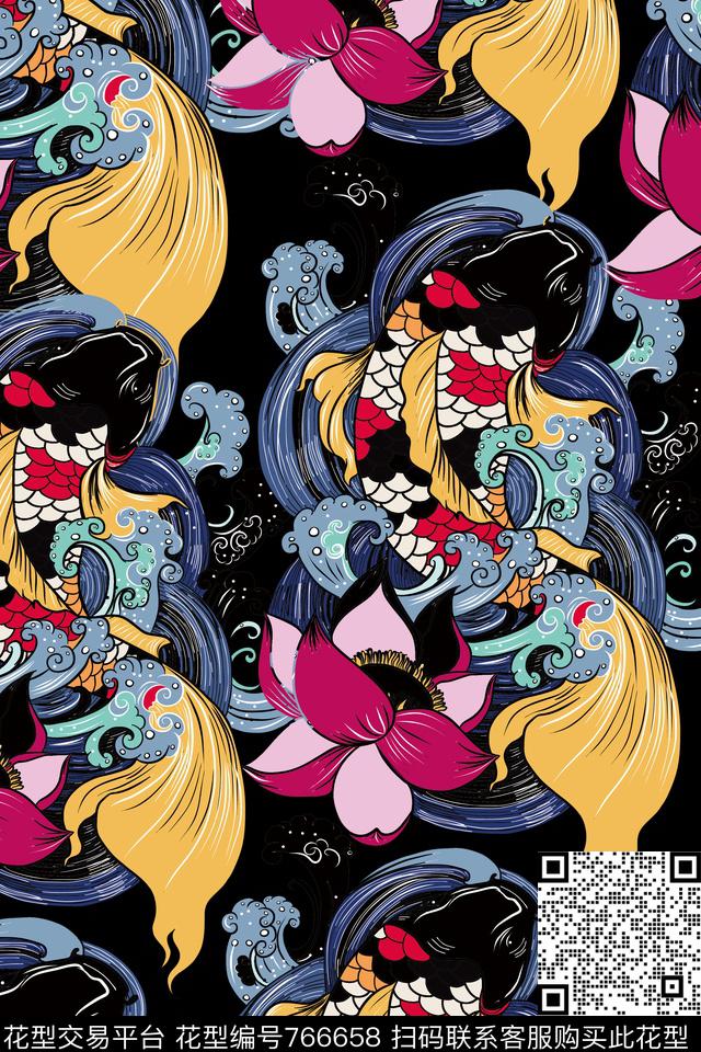 莲花花卉人鱼传统印花华亿平台下载（图片编号: 766658） - 瓦栏（Walan）