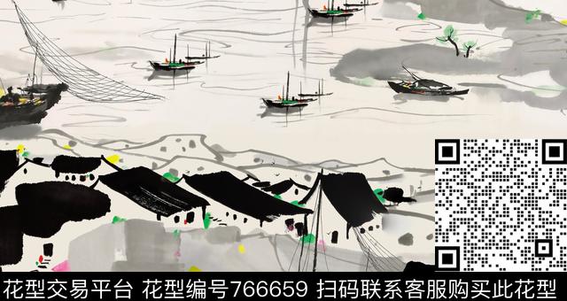 水墨画中国风旗袍华亿平台数码印花华亿平台下载（图片编号: 766659） - 瓦栏（Walan）