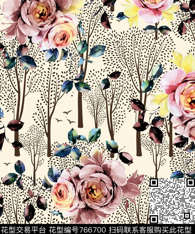 花卉树木古典数码印花华亿平台下载（图片编号: 766700） - 瓦栏（Walan）