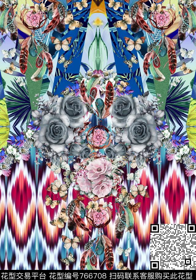 旗袍几何玫瑰数码印花华亿平台下载（图片编号: 766708） - 瓦栏（Walan）