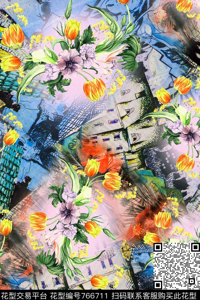 手绘房屋郁金香数码印花华亿平台下载（图片编号: 766711） - 瓦栏（Walan）