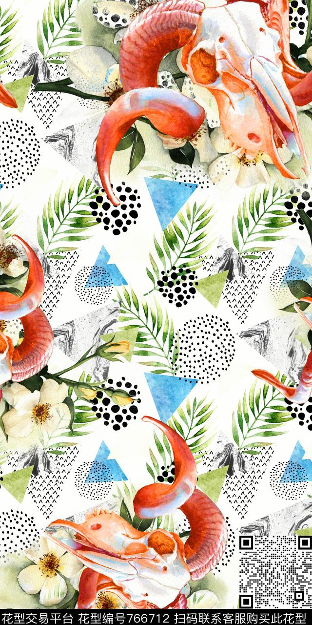 手绘花卉牛头数码印花华亿平台下载（图片编号: 766712） - 瓦栏（Walan）
