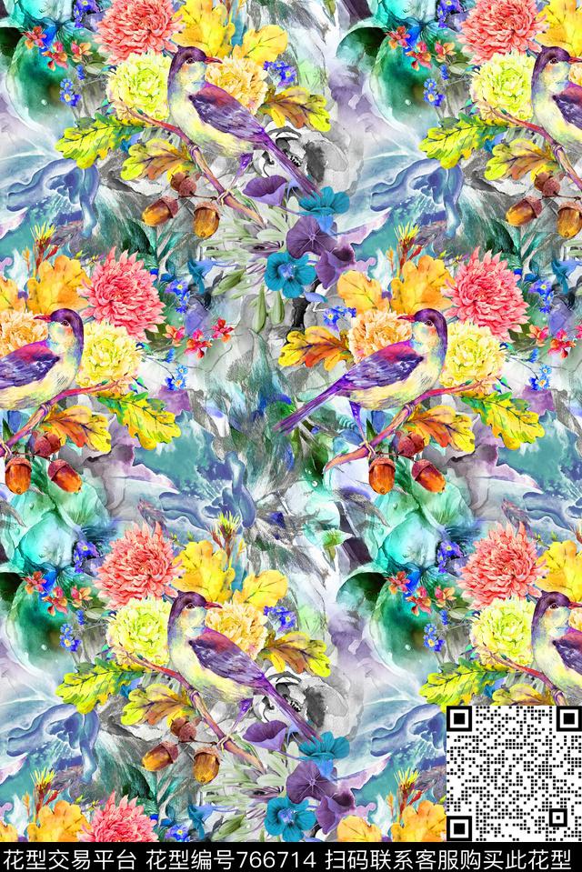 手绘泼墨花鸟数码印花华亿平台下载（图片编号: 766714） - 瓦栏（Walan）
