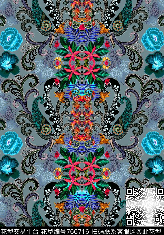 手绘旗袍腰果花数码印花华亿平台下载（图片编号: 766716） - 瓦栏（Walan）