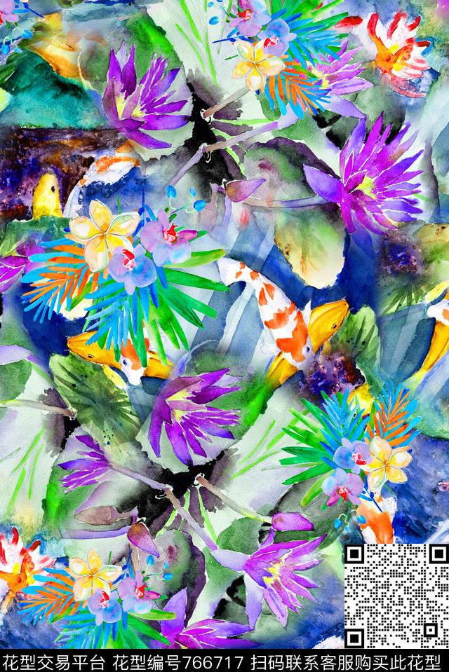 手绘热带中国风数码印花华亿平台下载（图片编号: 766717） - 瓦栏（Walan）