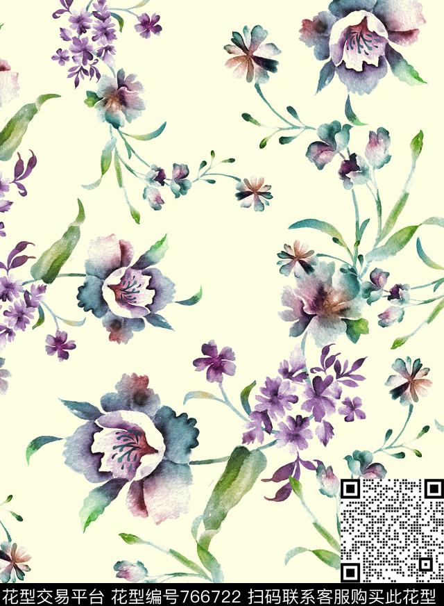 手绘绽放花卉数码印花华亿平台下载（图片编号: 766722） - 瓦栏（Walan）