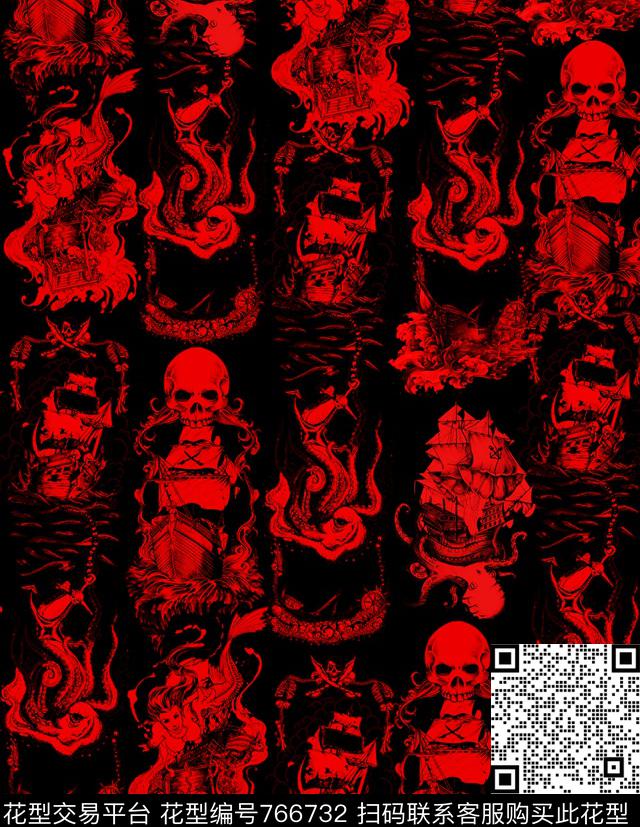 骷髅头船章鱼数码印花华亿平台下载（图片编号: 766732） - 瓦栏（Walan）