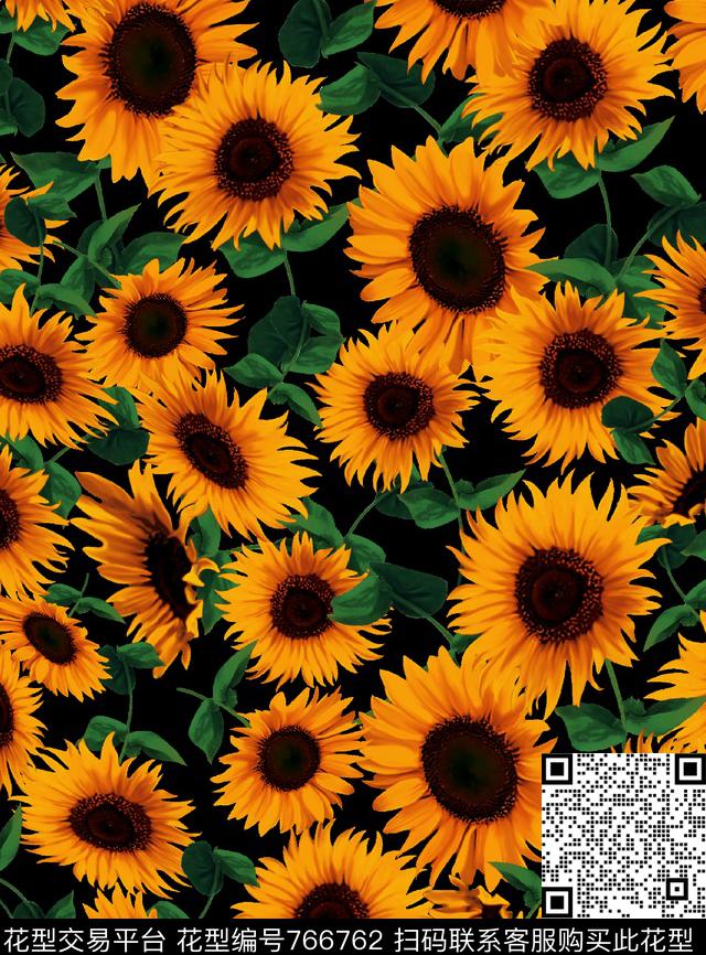 向日葵花卉数码印花华亿平台下载（图片编号: 766762） - 瓦栏（Walan）