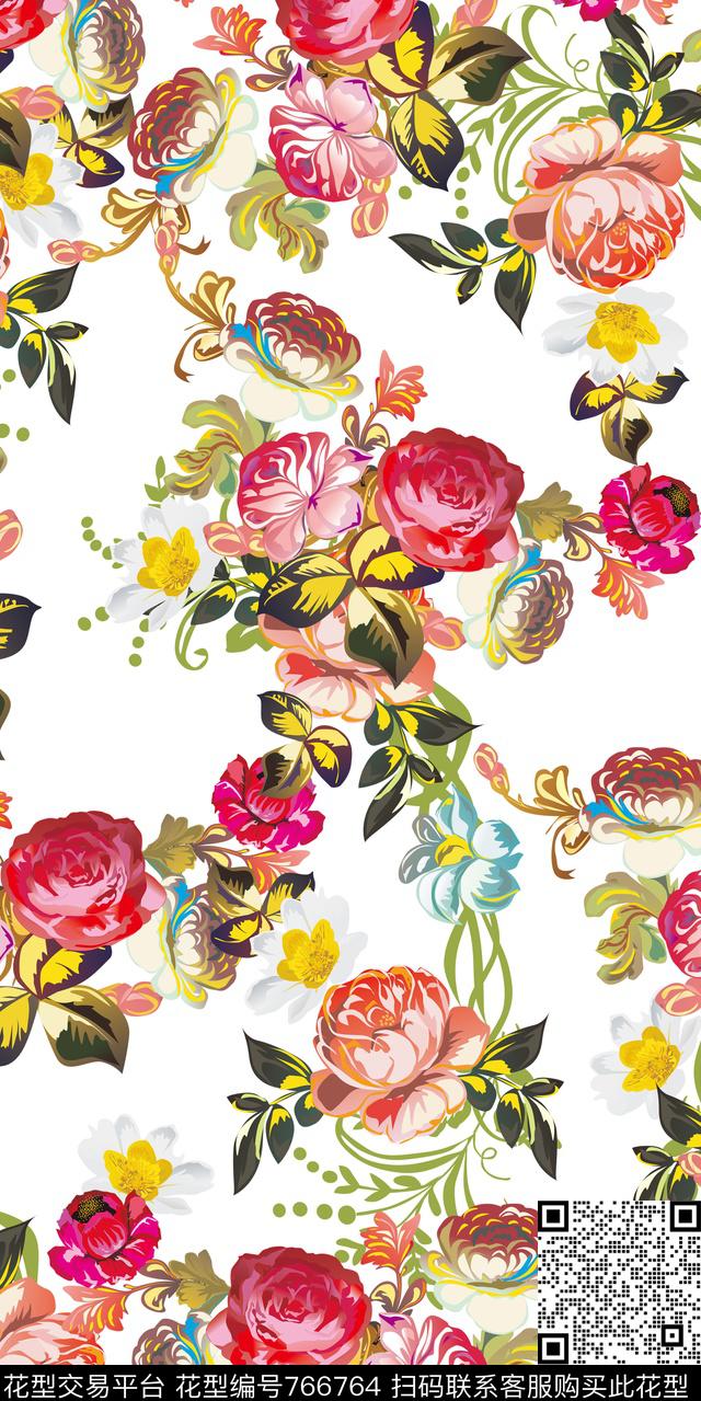 乱花大花花卉传统印花华亿平台下载（图片编号: 766764） - 瓦栏（Walan）
