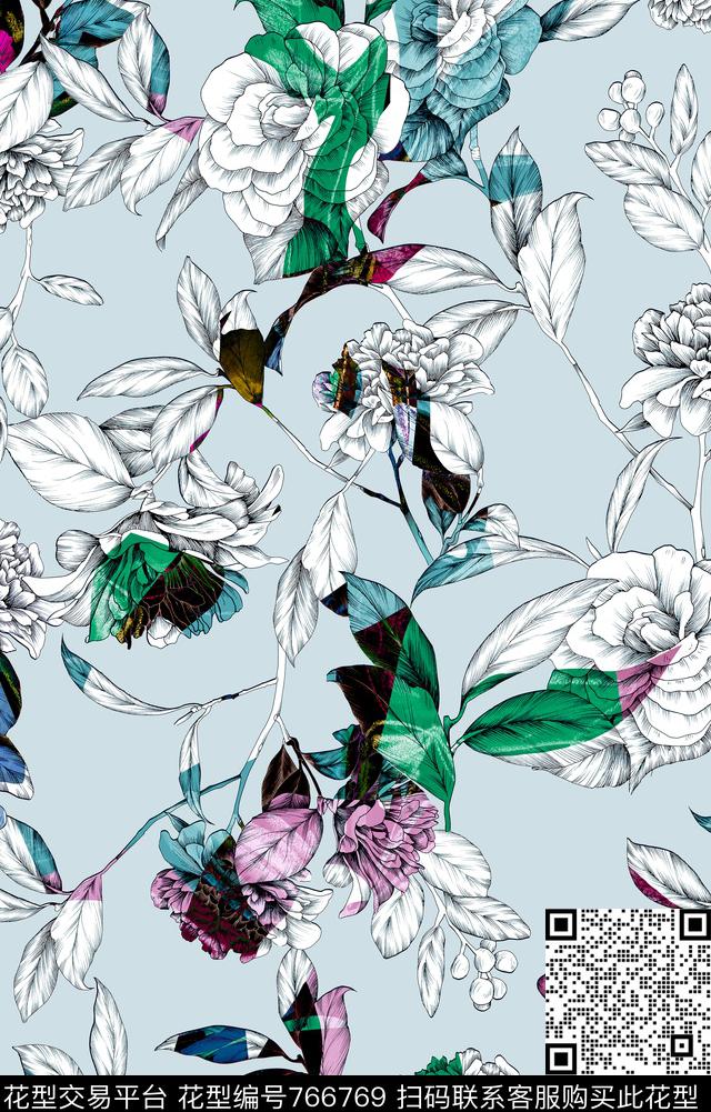 花朵花卉手绘数码印花华亿平台下载（图片编号: 766769） - 瓦栏（Walan）