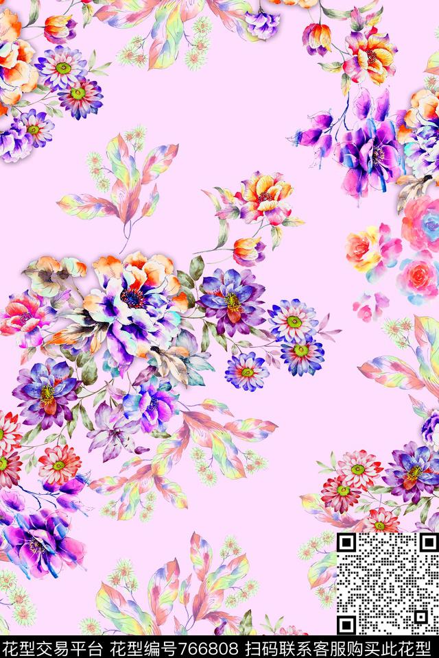花卉花纹手绘花数码印花华亿平台下载（图片编号: 766808） - 瓦栏（Walan）