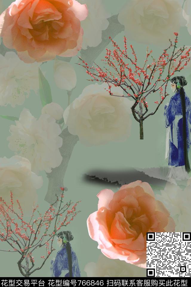 京剧中国风花卉数码印花华亿平台下载（图片编号: 766846） - 瓦栏（Walan）