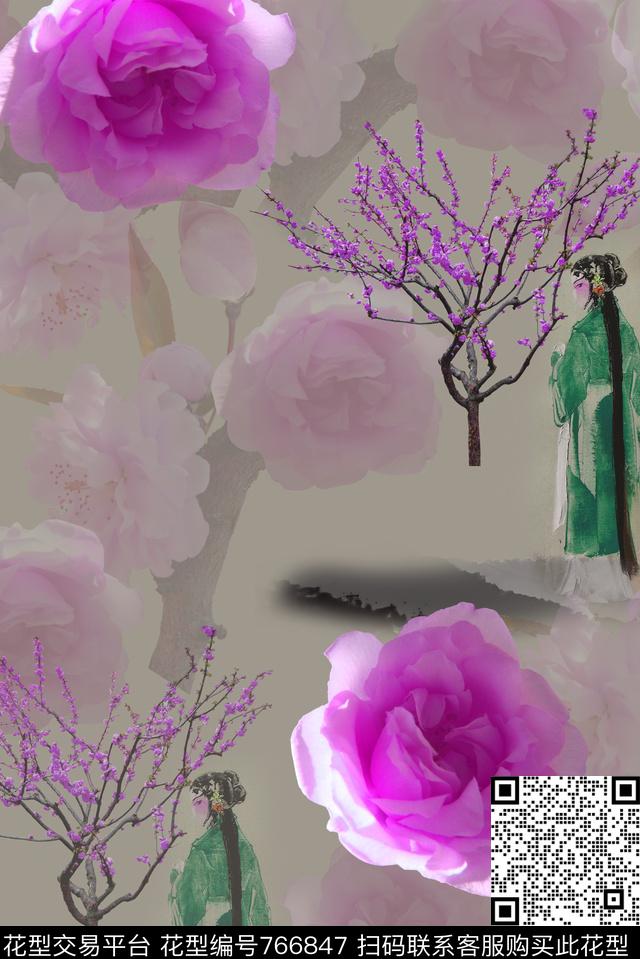京剧中国风花卉数码印花华亿平台下载（图片编号: 766847） - 瓦栏（Walan）