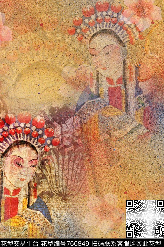 桃花中国风京剧数码印花华亿平台下载（图片编号: 766849） - 瓦栏（Walan）