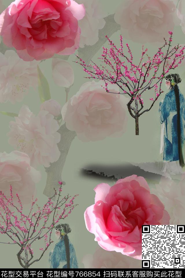 京剧中国风花卉数码印花华亿平台下载（图片编号: 766854） - 瓦栏（Walan）