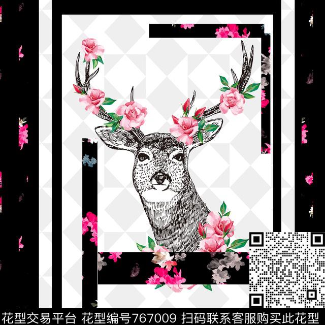 桃花花卉梅花鹿数码印花华亿平台下载（图片编号: 767009） - 瓦栏（Walan）