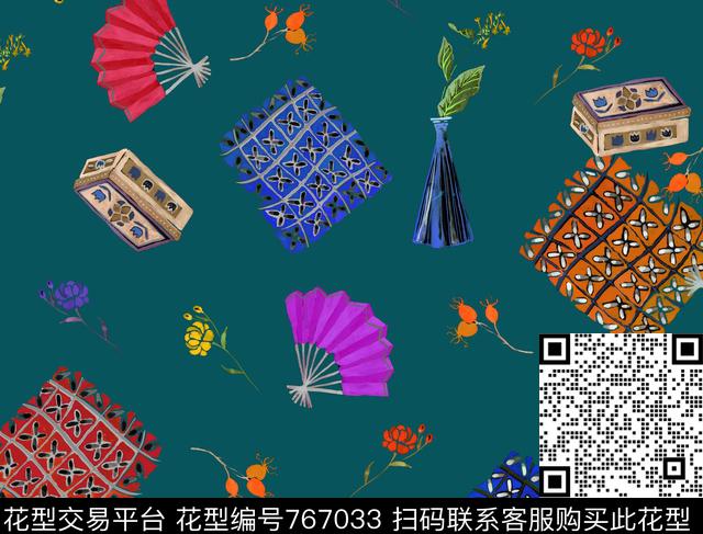 手绘纸扇数码印花华亿平台下载（图片编号: 767033） - 瓦栏（Walan）