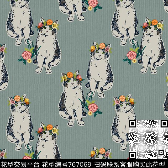 花朵猫动物传统印花华亿平台下载（图片编号: 767069） - 瓦栏（Walan）