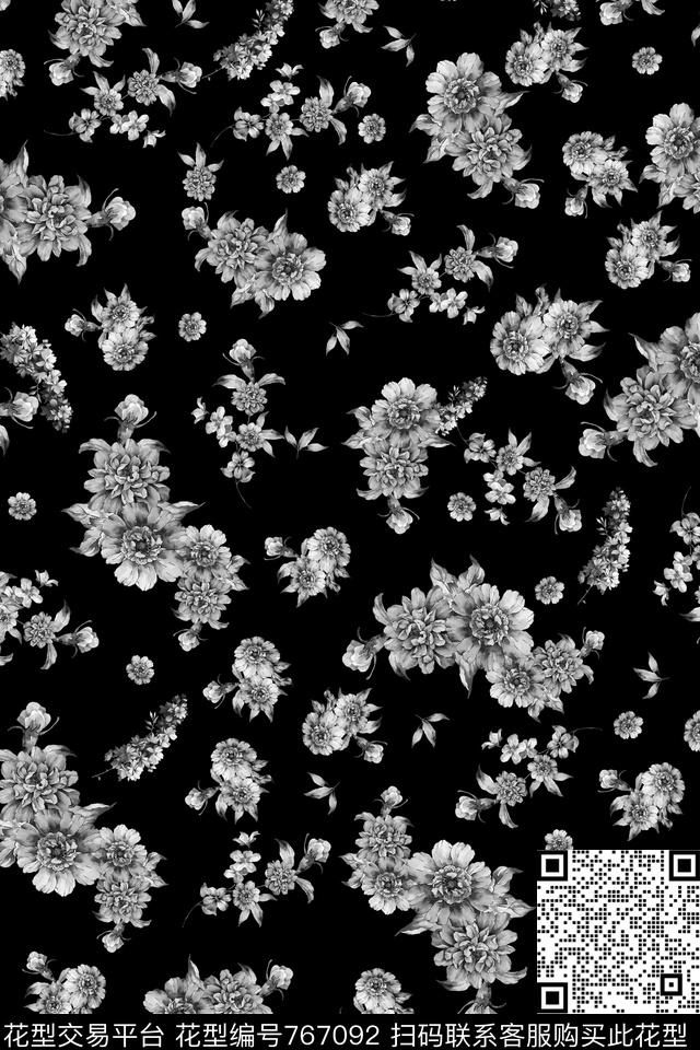 黑白手绘花卉传统印花华亿平台下载（图片编号: 767092） - 瓦栏（Walan）