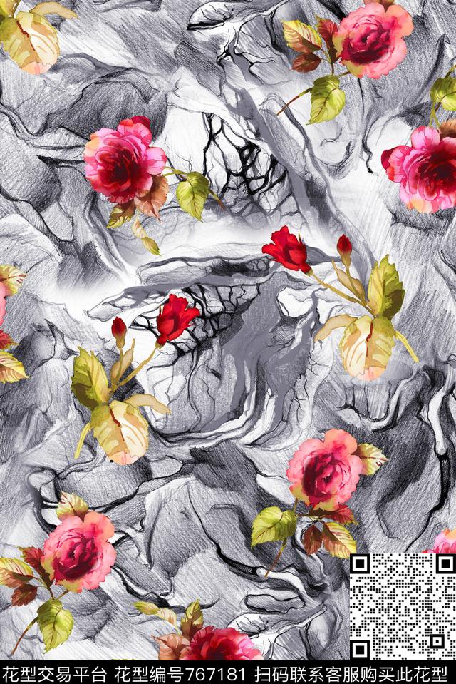 高贵花卉抽象数码印花华亿平台下载（图片编号: 767181） - 瓦栏（Walan）