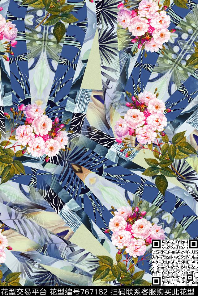 花卉抽象方格数码印花华亿平台下载（图片编号: 767182） - 瓦栏（Walan）