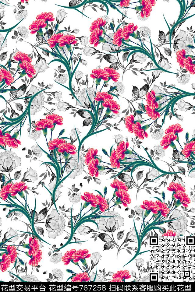 康乃馨黑白花卉数码印花华亿平台下载（图片编号: 767258） - 瓦栏（Walan）